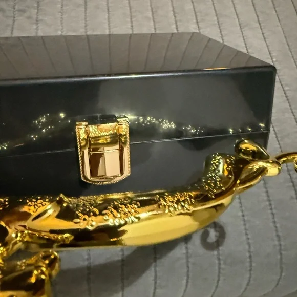 Plastic Black Clutch with Gold Leopard Handle - Picture 4 of 12